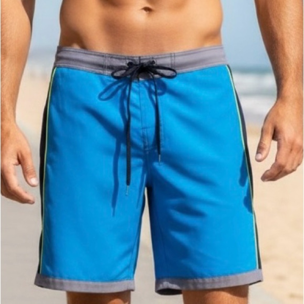 Calvin Klein Men Blue & Navy with Neon Yellow Trim, Board Shorts Swim Trunks, L
